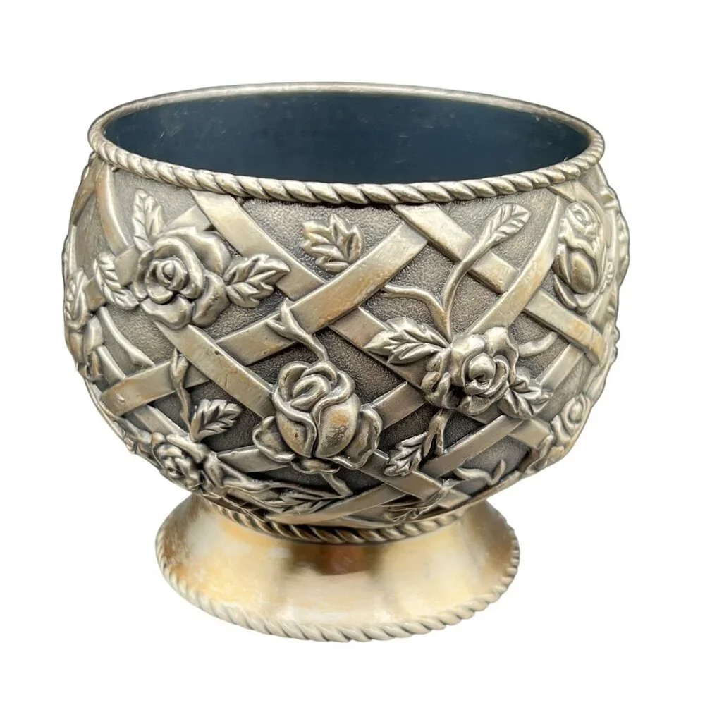 Vintage Pewter Trinket Dish Vase Intricate Trellis Climbing Rose Basket Weaved